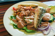 Lunch in the buffet on the Costa Favolosa, salad & grilled fish.