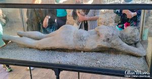 Cast of a body that was burried in ash from Mount Vesuvias at Pompeii.