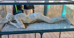Cast of a body that was burried in ash from Mount Vesuvias at Pompeii.