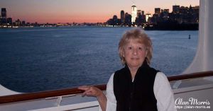 Jean Morris, on the balcony of her cabin on the Queen Mary II.