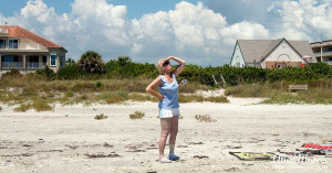 Jean Morris watching a rocket launch at Cape Canaveral.