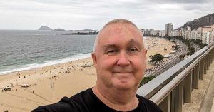 Alan Morris on the roof of the Hotel Astoria Palace on Copacabana Beach