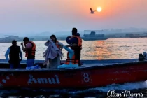People on a boat on the River Ganges in Varanasi.