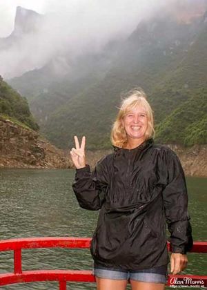 Melanie Lunn in her waterproof jacket as we leave the Shennong stream.