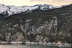 Snow-covered mountains in Skagway, Alaska.