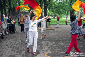 Exercise with coloured flags inside the Temple of Heaven. Exercise with coloured flags inside the Temple of Heaven.